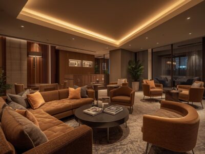 Resident lounge in a modern residential building, comfortable seating, sofas, warm lighting, contemporary interior design, cozy atmosphere, realistic interior photo